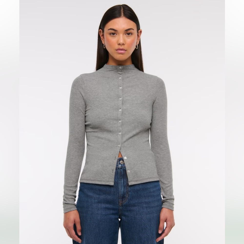 Abercrombie Long-Sleeve Mockneck Button-Through Top